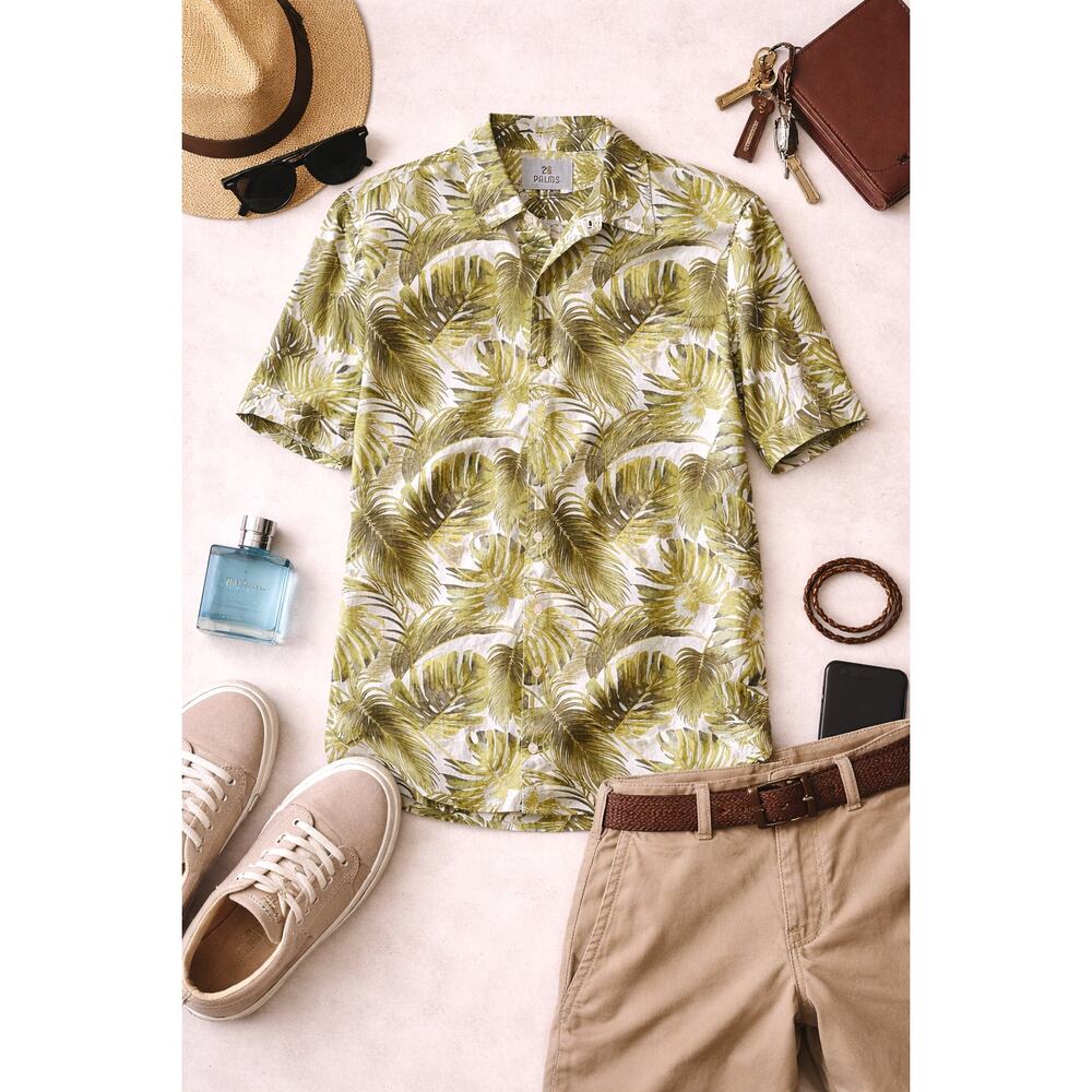 28 Palms Men’s Green Palm Print Button-Down Shirt Short Sleeve Cotton Size L